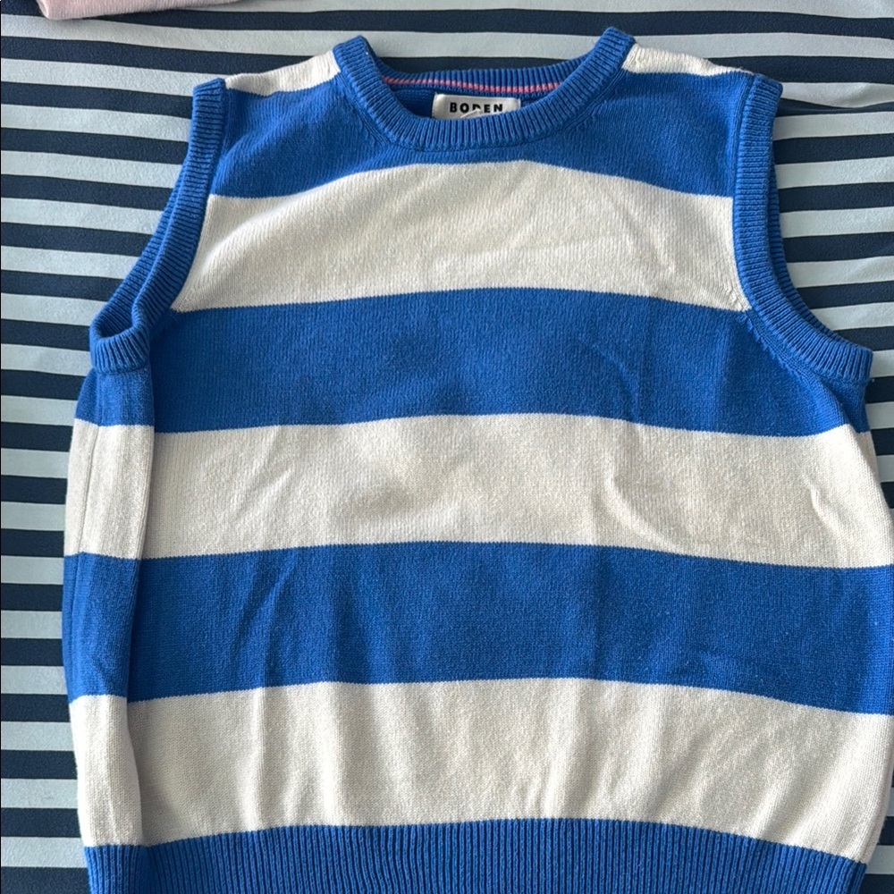 Boden V-Neck Blue and White Striped Sweater
